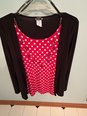 Star Vixen Red and White Polka Dot Layered-Look Camisole with Black Overlay